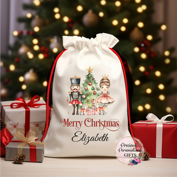 Personalised Nutcracker Christmas Sack 2 designs and matching bauble also available