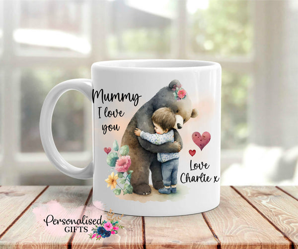 Bear I love you mug - Boy or Girl Design, any name added matching coaster also available